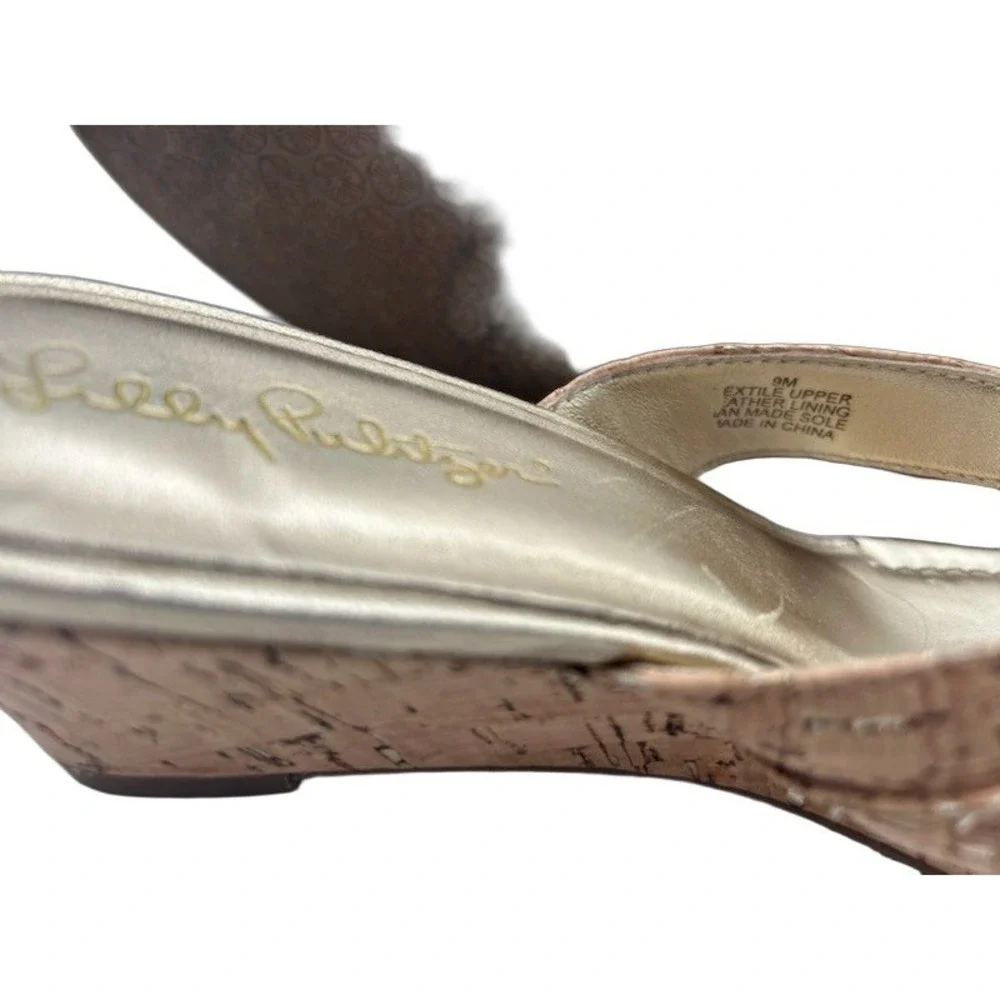 Lilly Pulitzer McKim Wedge Sandals Women's Size 9 M Gold Cork Thong Low Heel